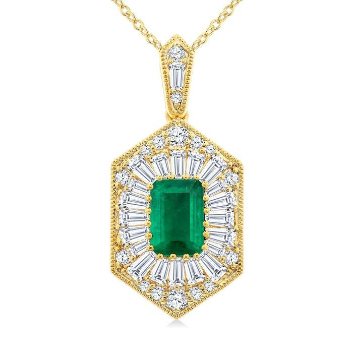 1/2 Ctw Art Deco Hexagon 6X4MM Octagon Shape Emerald, Baguette and Round Cut Diamond Precious Pendant With Chain in 14K Yellow Gold