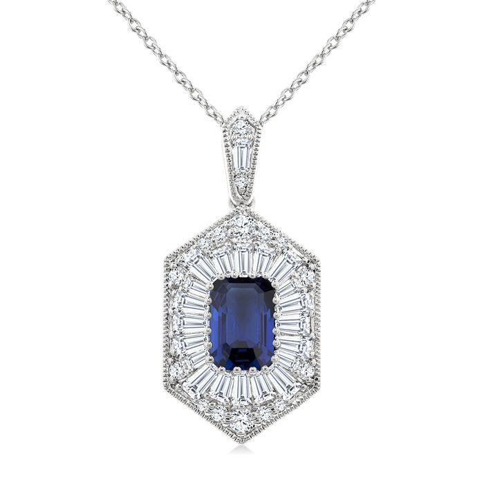 1/2 Ctw Art Deco Hexagon 6X4MM Octagon Shape Sapphire, Baguette and Round Cut Diamond Precious Pendant With Chain in 14K White Gold
