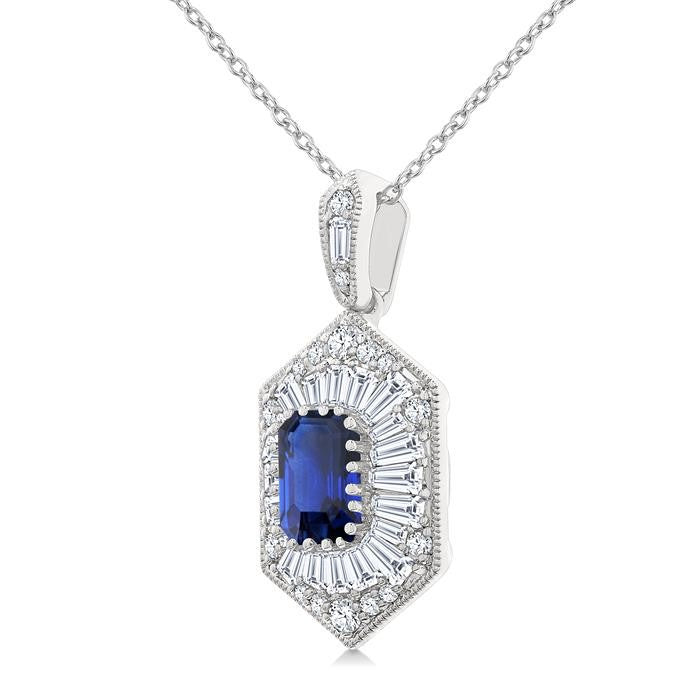 1/2 Ctw Art Deco Hexagon 6X4MM Octagon Shape Sapphire, Baguette and Round Cut Diamond Precious Pendant With Chain in 14K White Gold