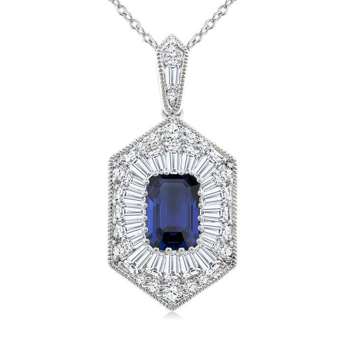 1/2 Ctw Art Deco Hexagon 6X4MM Octagon Shape Sapphire, Baguette and Round Cut Diamond Precious Pendant With Chain in 14K White Gold