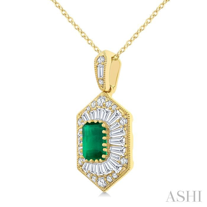 1/2 Ctw Art Deco Hexagon 6X4MM Octagon Shape Emerald, Baguette and Round Cut Diamond Precious Pendant With Chain in 14K Yellow Gold