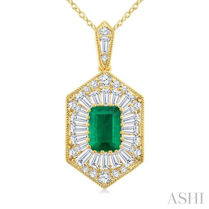 1/2 Ctw Art Deco Hexagon 6X4MM Octagon Shape Emerald, Baguette and Round Cut Diamond Precious Pendant With Chain in 14K Yellow Gold
