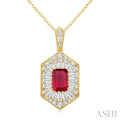 1/2 Ctw Art Deco Hexagon 6X4MM Octagon Shape Ruby, Baguette and Round Cut Diamond Precious Pendant With Chain in 14K Yellow Gold