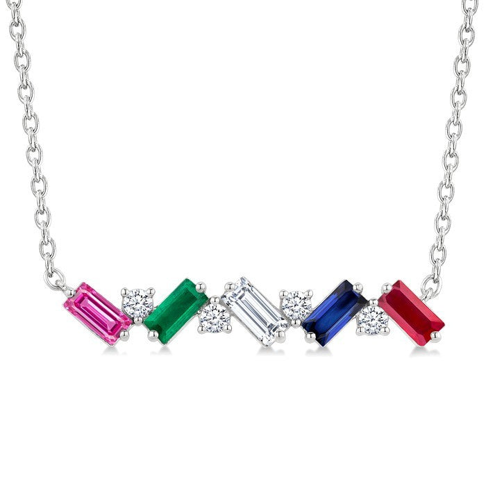 4X2 MM Baguette Cut Multi Gemstone and 1/5 Ctw Baguette and Round Cut Diamond Precious Bar Necklace in 14K White Gold