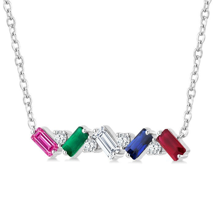 4X2 MM Baguette Cut Multi Gemstone and 1/5 Ctw Baguette and Round Cut Diamond Precious Bar Necklace in 14K White Gold