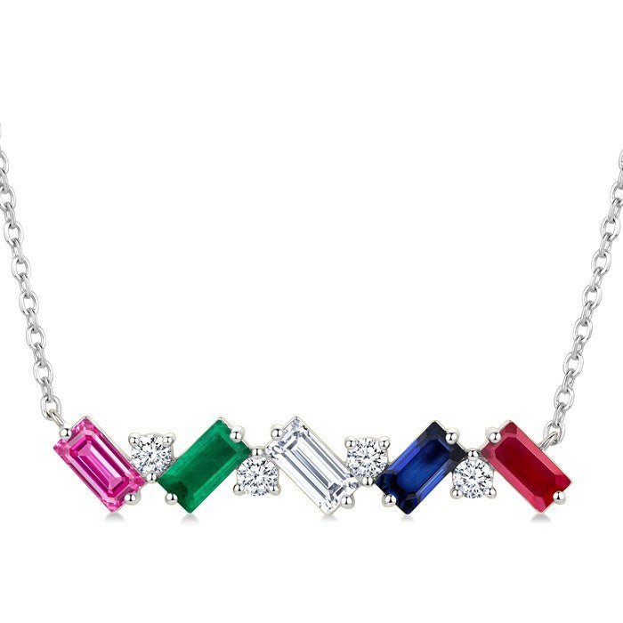 4X2 MM Baguette Cut Multi Gemstone and 1/5 Ctw Baguette and Round Cut Diamond Precious Bar Necklace in 14K White Gold