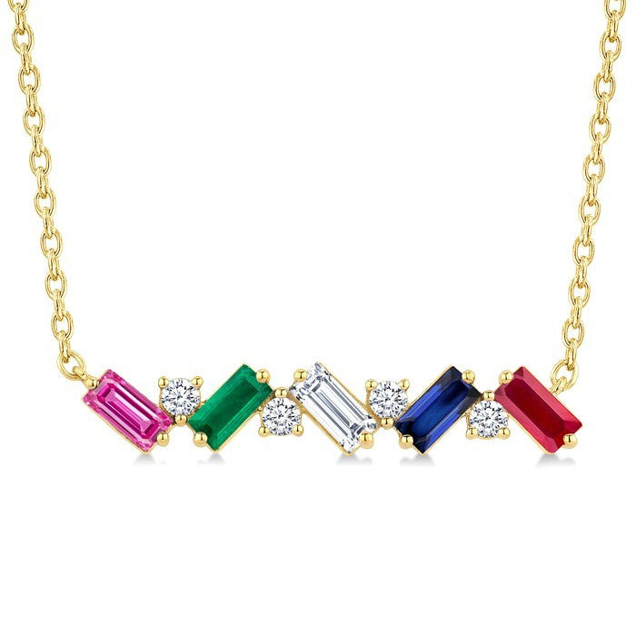 4X2 MM Baguette Cut Multi Gemstone and 1/5 Ctw Baguette and Round Cut Diamond Precious Bar Necklace in 14K Yellow Gold