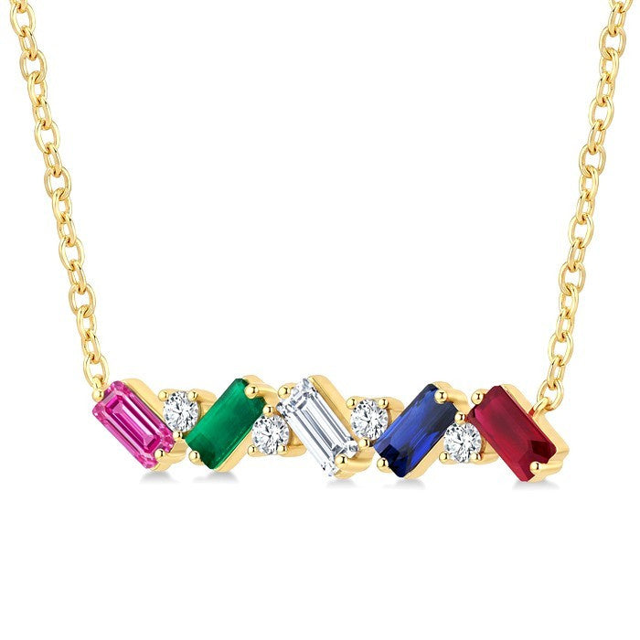 4X2 MM Baguette Cut Multi Gemstone and 1/5 Ctw Baguette and Round Cut Diamond Precious Bar Necklace in 14K Yellow Gold