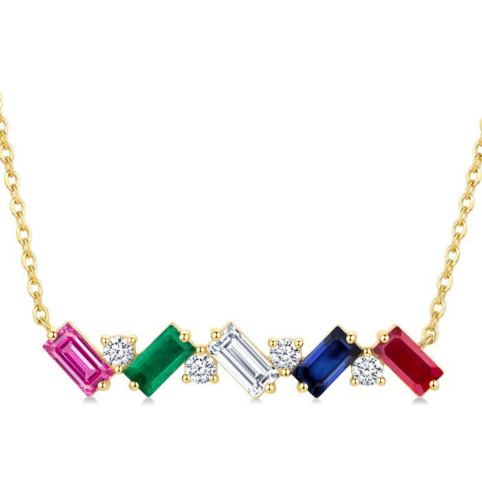 4X2 MM Baguette Cut Multi Gemstone and 1/5 Ctw Baguette and Round Cut Diamond Precious Bar Necklace in 14K Yellow Gold