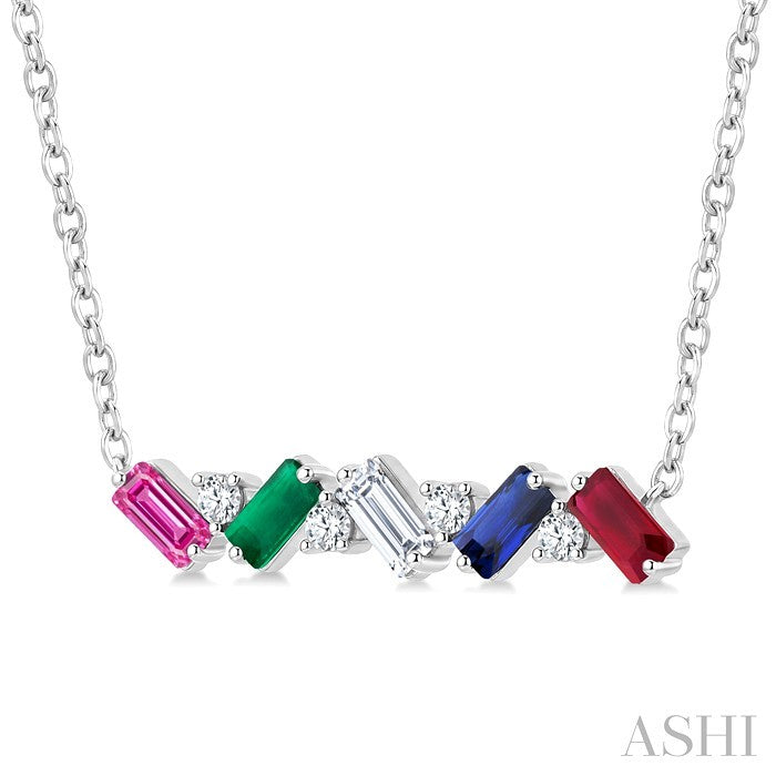 4X2 MM Baguette Cut Multi Gemstone and 1/5 Ctw Baguette and Round Cut Diamond Precious Bar Necklace in 14K White Gold