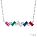 4X2 MM Baguette Cut Multi Gemstone and 1/5 Ctw Baguette and Round Cut Diamond Precious Bar Necklace in 14K White Gold