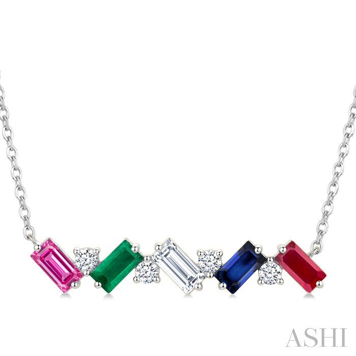 4X2 MM Baguette Cut Multi Gemstone and 1/5 Ctw Baguette and Round Cut Diamond Precious Bar Necklace in 14K White Gold