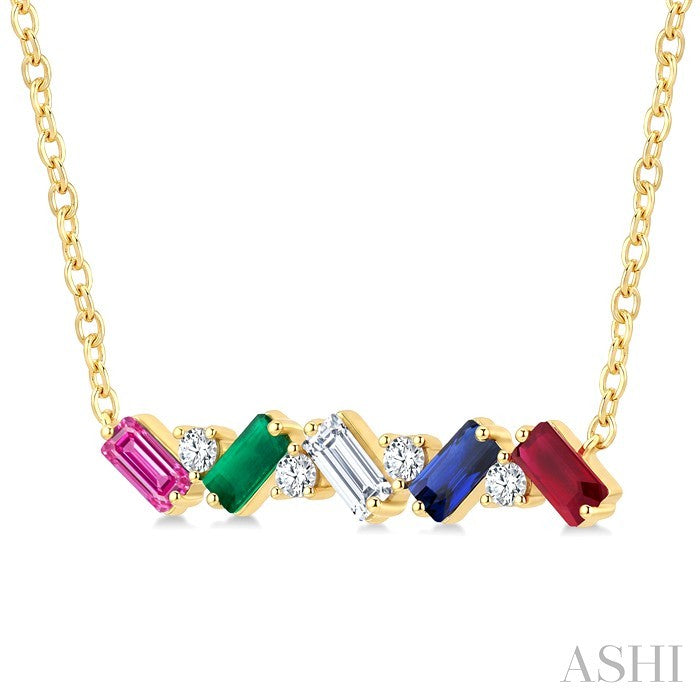 4X2 MM Baguette Cut Multi Gemstone and 1/5 Ctw Baguette and Round Cut Diamond Precious Bar Necklace in 14K Yellow Gold