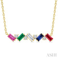 4X2 MM Baguette Cut Multi Gemstone and 1/5 Ctw Baguette and Round Cut Diamond Precious Bar Necklace in 14K Yellow Gold