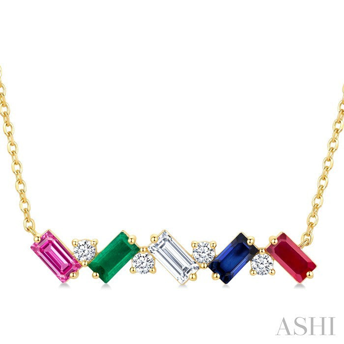 4X2 MM Baguette Cut Multi Gemstone and 1/5 Ctw Baguette and Round Cut Diamond Precious Bar Necklace in 14K Yellow Gold