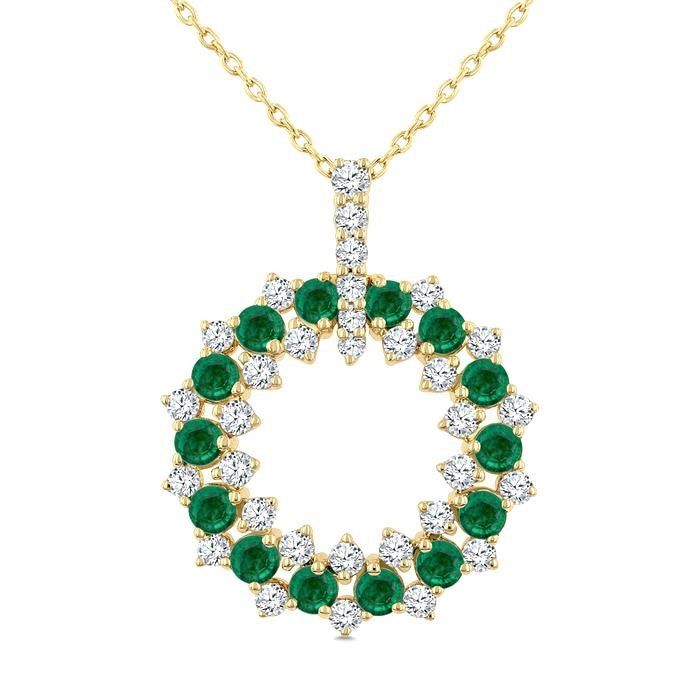2.5 MM Round Shape Emerald and 3/4 Ctw Round Cut Diamond Triple Row Circle Precious Pendant With Chain in 14K Yellow Gold
