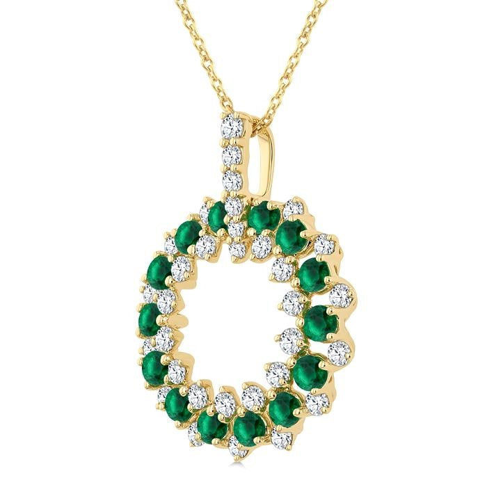 2.5 MM Round Shape Emerald and 3/4 Ctw Round Cut Diamond Triple Row Circle Precious Pendant With Chain in 14K Yellow Gold