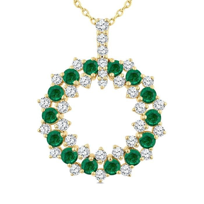 2.5 MM Round Shape Emerald and 3/4 Ctw Round Cut Diamond Triple Row Circle Precious Pendant With Chain in 14K Yellow Gold