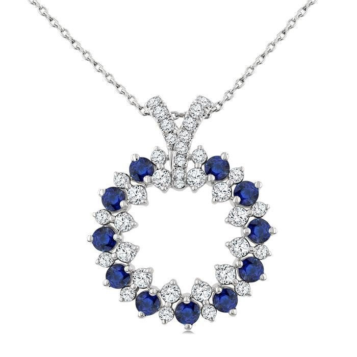 2.5 MM Round Shape Sapphire and 5/8 Ctw Round Cut Diamond Precious Circle Pendant With Chain in 14K White Gold
