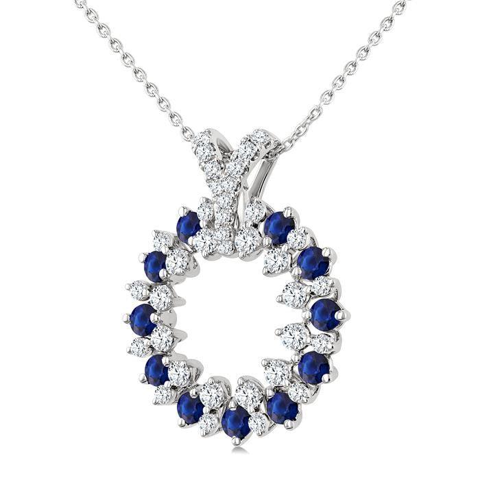 2.5 MM Round Shape Sapphire and 5/8 Ctw Round Cut Diamond Precious Circle Pendant With Chain in 14K White Gold