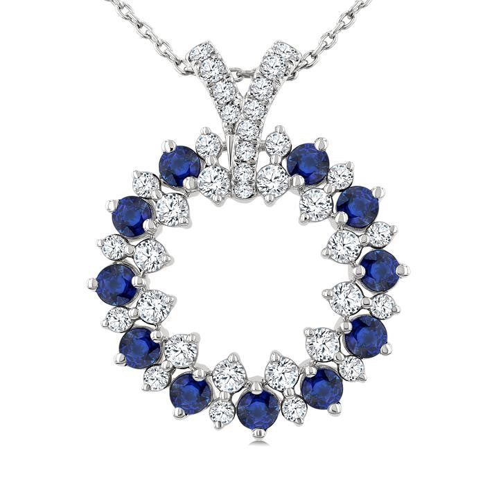 2.5 MM Round Shape Sapphire and 5/8 Ctw Round Cut Diamond Precious Circle Pendant With Chain in 14K White Gold