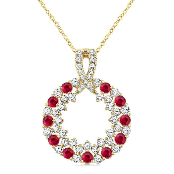 2.3 MM Round Shape Ruby and 3/4 Ctw Round Cut Diamond Precious Circle Pendant With Chain in 14K Yellow Gold