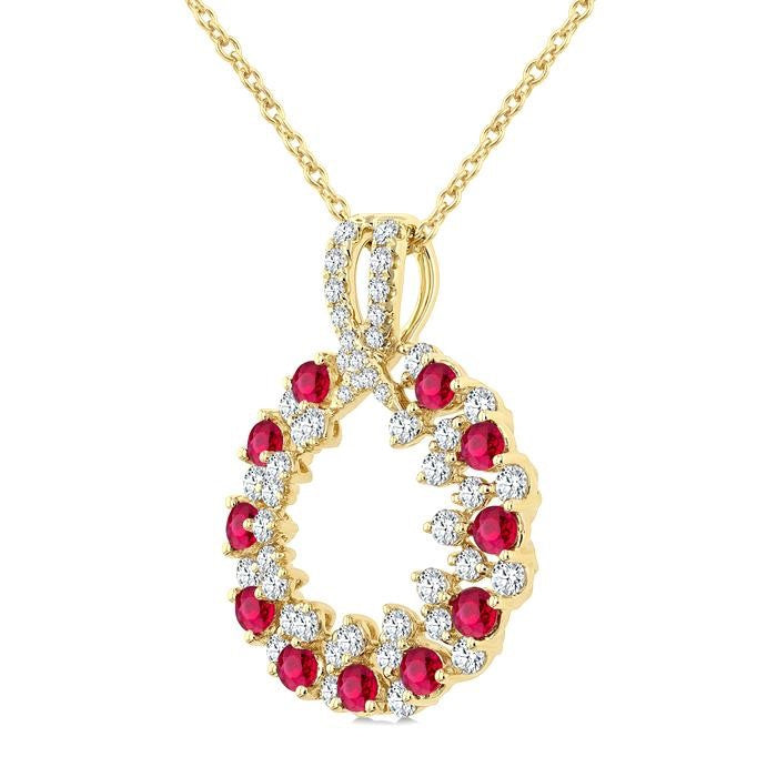 2.3 MM Round Shape Ruby and 3/4 Ctw Round Cut Diamond Precious Circle Pendant With Chain in 14K Yellow Gold