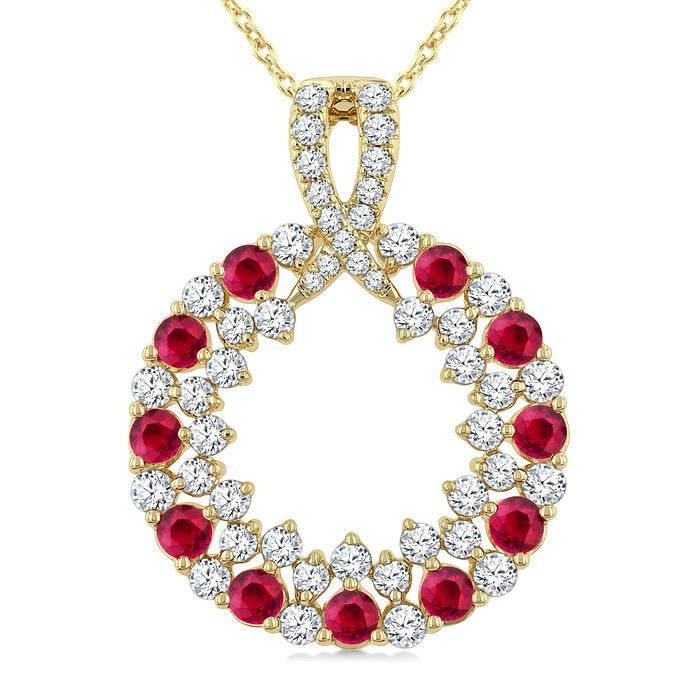 2.3 MM Round Shape Ruby and 3/4 Ctw Round Cut Diamond Precious Circle Pendant With Chain in 14K Yellow Gold