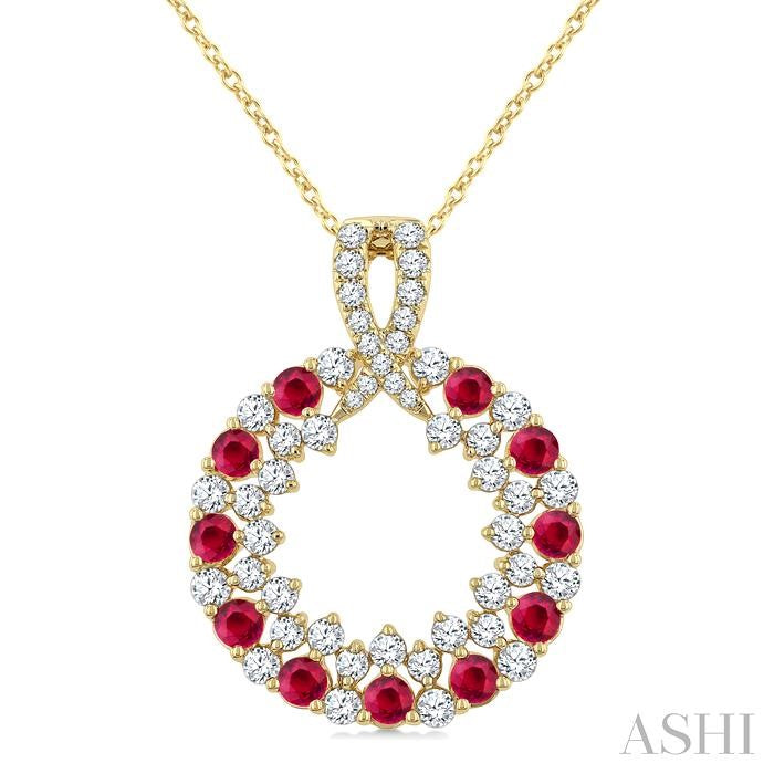 2.3 MM Round Shape Ruby and 3/4 Ctw Round Cut Diamond Precious Circle Pendant With Chain in 14K Yellow Gold