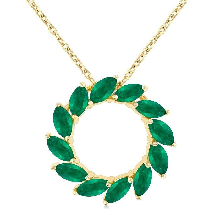 4X2MM Marquise Cut Emerald Precious Floral Circle  Fashion Pendant With Chain in 10K Yellow Gold