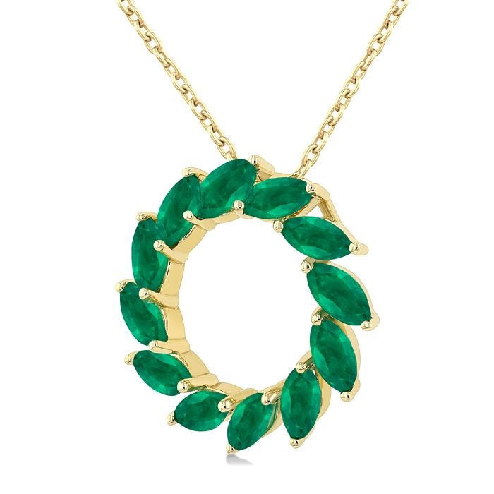 4X2MM Marquise Cut Emerald Precious Floral Circle  Fashion Pendant With Chain in 10K Yellow Gold