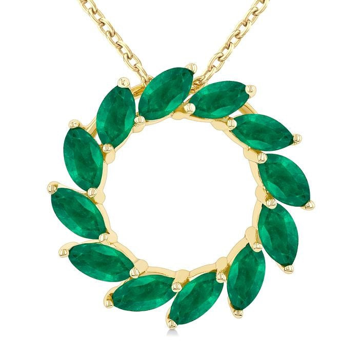 4X2MM Marquise Cut Emerald Precious Floral Circle  Fashion Pendant With Chain in 10K Yellow Gold