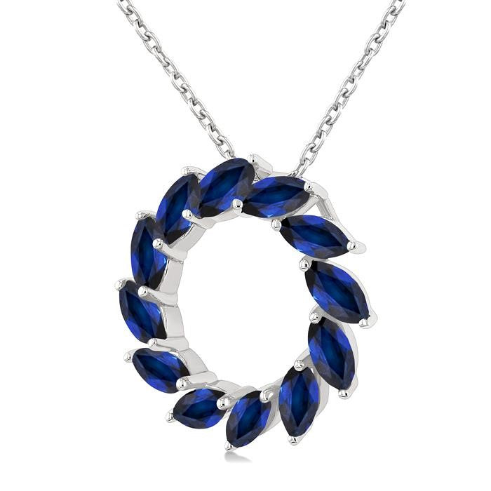 4X2 MM Marquise Shape Sapphire Circle Precious Pendant With Chain in 10K White Gold