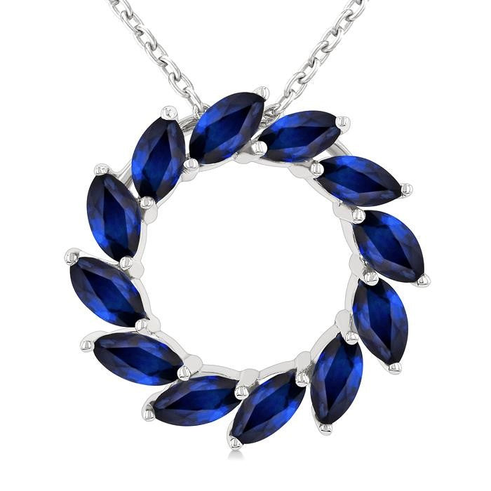 4X2 MM Marquise Shape Sapphire Circle Precious Pendant With Chain in 10K White Gold