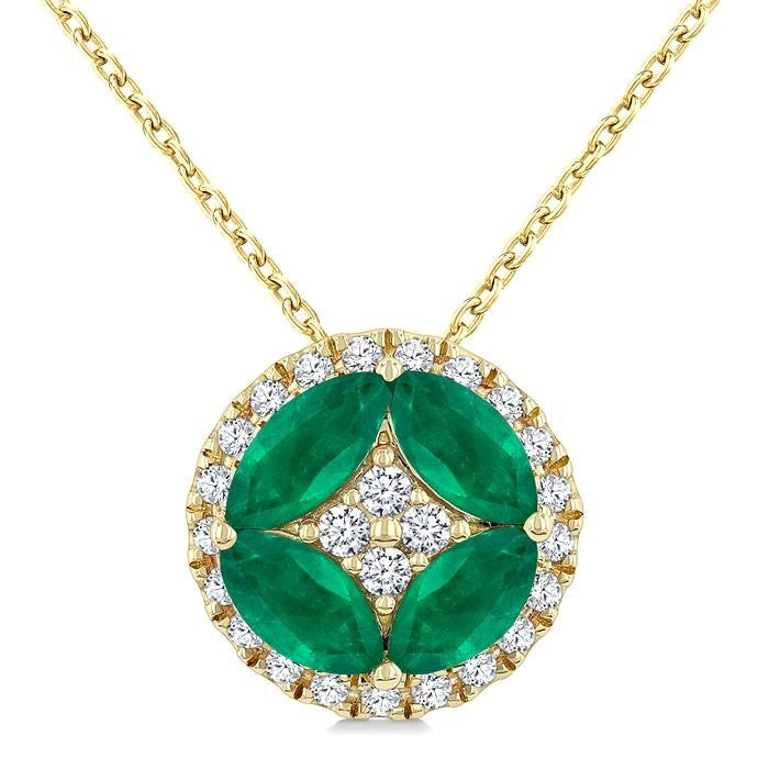5x2.5 MM Marquise Shape Emerald and 1/6 Ctw Round Cut Diamond Fashion Precious Pendant With Chain in 10K Yellow Gold