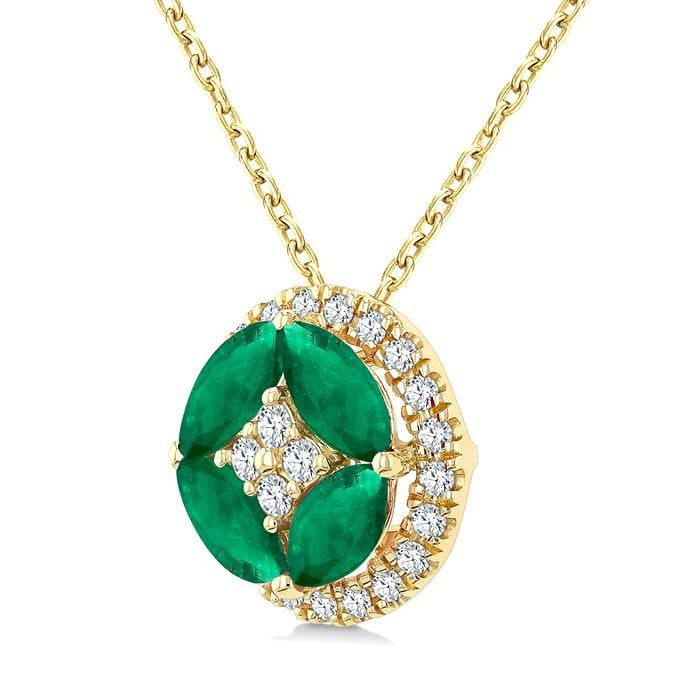 5x2.5 MM Marquise Shape Emerald and 1/6 Ctw Round Cut Diamond Fashion Precious Pendant With Chain in 10K Yellow Gold