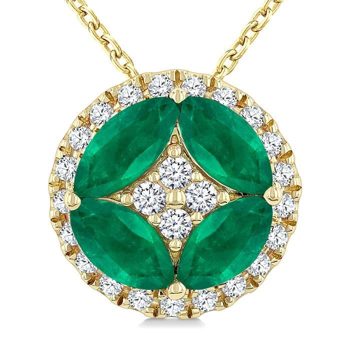 5x2.5 MM Marquise Shape Emerald and 1/6 Ctw Round Cut Diamond Fashion Precious Pendant With Chain in 10K Yellow Gold