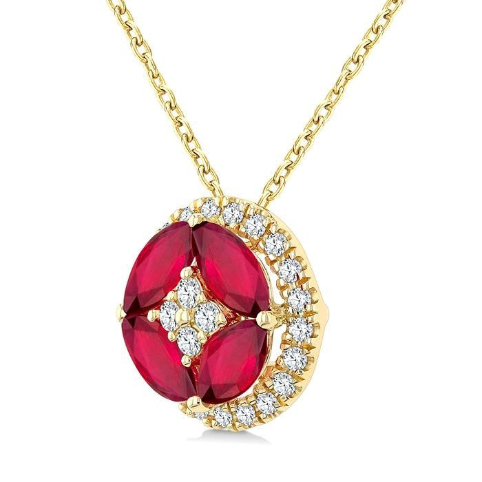 5X2.5MM Marquise Cut Ruby and 1/6 Ctw Circle Round Cut Diamond Precious Fashion Pendant With Chain in 10K Yellow Gold