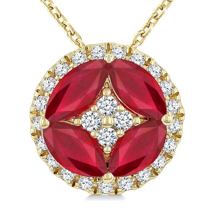 5X2.5MM Marquise Cut Ruby and 1/6 Ctw Circle Round Cut Diamond Precious Fashion Pendant With Chain in 10K Yellow Gold