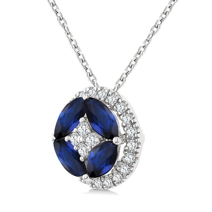 5X2.5 Marquise Shape Sapphire and 1/6 Ctw Round Cut Diamond Fashion Precious Pendant With Chain in 10K White Gold