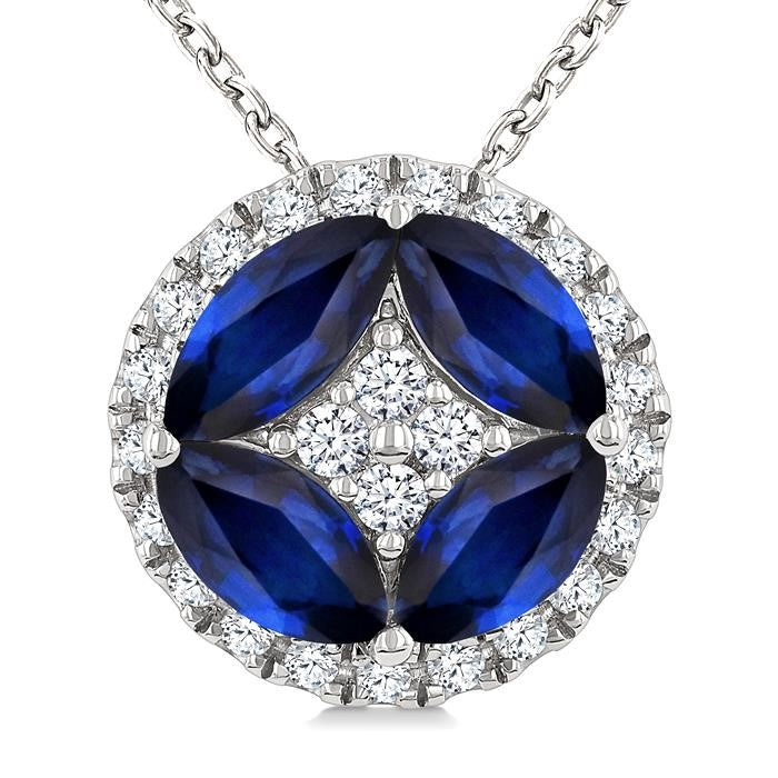 5X2.5 Marquise Shape Sapphire and 1/6 Ctw Round Cut Diamond Fashion Precious Pendant With Chain in 10K White Gold