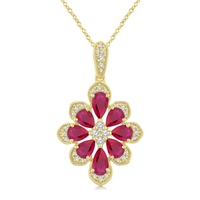 1/6 Ctw Floral Motif 5X3MM & 4X3MM Pear Cut Ruby and Round Cut Diamond Precious Pendant With Chain in 10K Yellow Gold