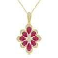 1/6 Ctw Floral Motif 5X3MM & 4X3MM Pear Cut Ruby and Round Cut Diamond Precious Pendant With Chain in 10K Yellow Gold