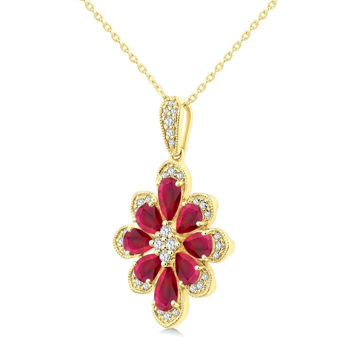 1/6 Ctw Floral Motif 5X3MM & 4X3MM Pear Cut Ruby and Round Cut Diamond Precious Pendant With Chain in 10K Yellow Gold