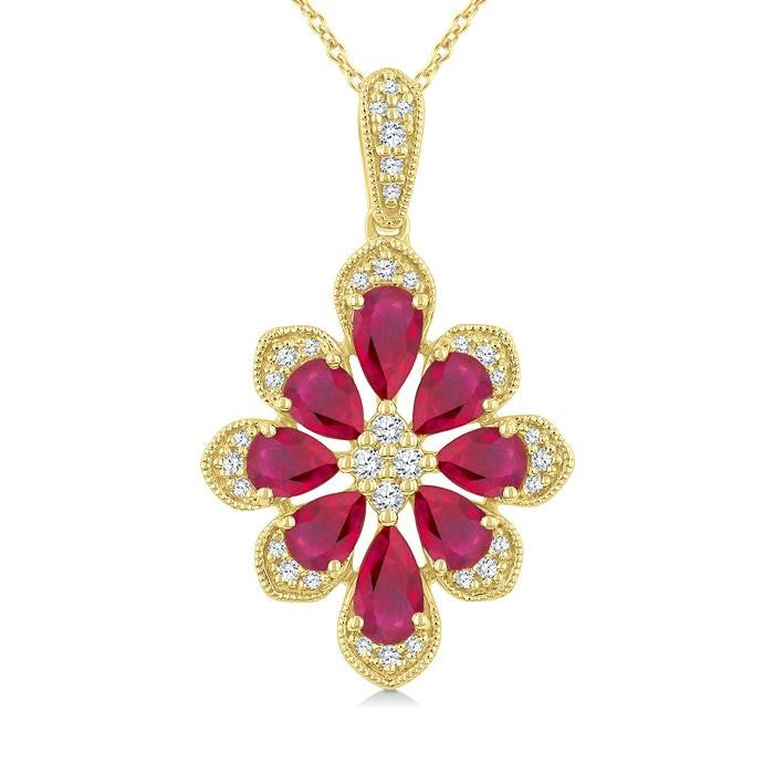 1/6 Ctw Floral Motif 5X3MM & 4X3MM Pear Cut Ruby and Round Cut Diamond Precious Pendant With Chain in 10K Yellow Gold