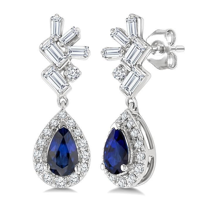 5X3MM Pear Cut Sapphire, Round and  1/3 Ctw  Baguette Cut Scatter Diamond Precious Fashion earrings in 10K White Gold