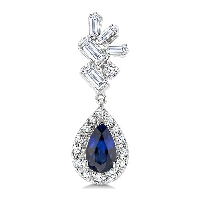 5X3MM Pear Cut Sapphire, Round and  1/3 Ctw  Baguette Cut Scatter Diamond Precious Fashion earrings in 10K White Gold