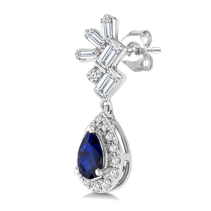 5X3MM Pear Cut Sapphire, Round and  1/3 Ctw  Baguette Cut Scatter Diamond Precious Fashion earrings in 10K White Gold