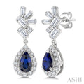 5X3MM Pear Cut Sapphire, Round and  1/3 Ctw  Baguette Cut Scatter Diamond Precious Fashion earrings in 10K White Gold