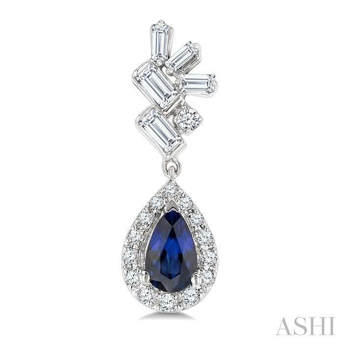5X3MM Pear Cut Sapphire, Round and  1/3 Ctw  Baguette Cut Scatter Diamond Precious Fashion earrings in 10K White Gold